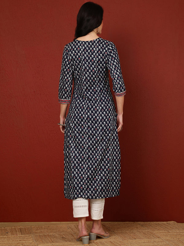 Cotton Calf Length Printed Straight 3/4 Sleeves V-Neck Kurta