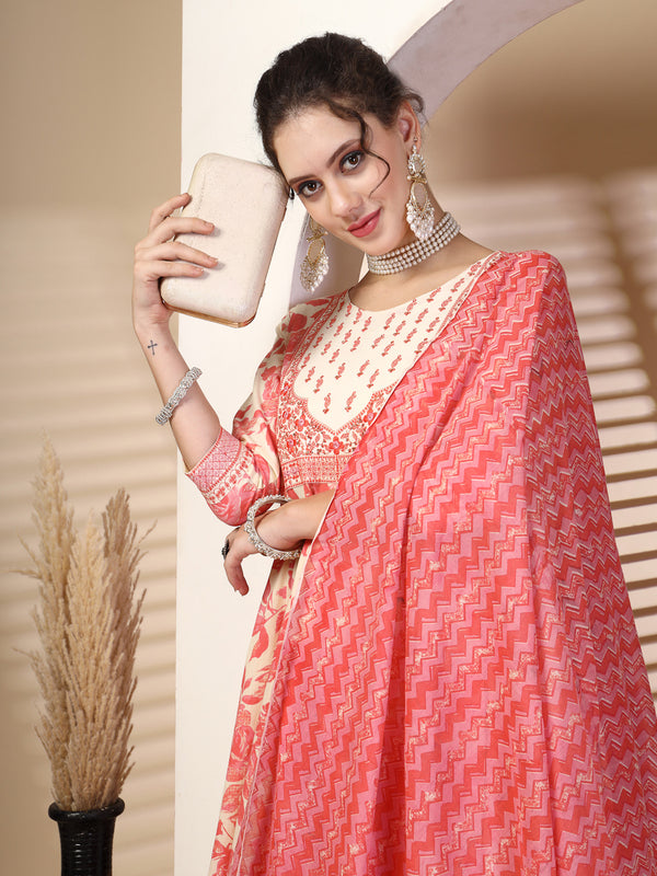 Peach Cotton Calf Length Printed Round Neck Anarkali Kurta Suit Set