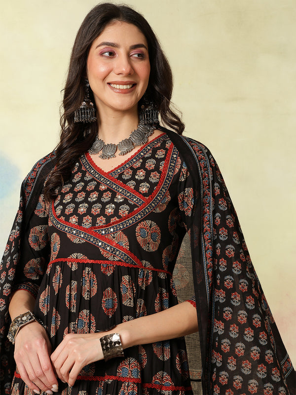 Black Cotton Calf Length Printed Flared V-Neck Kurta Suit Set