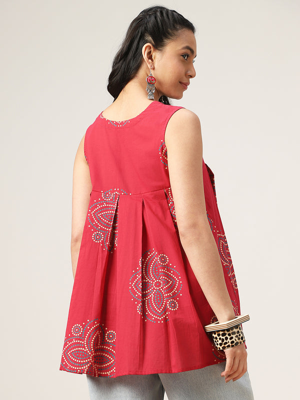Cotton Hip Length Printed Sleeveless V-Neck Flared Top