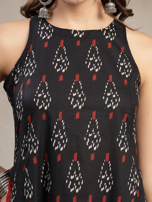 Cotton Calf Length Printed Sleeveless Round Neck Flared Kurta Suit Set