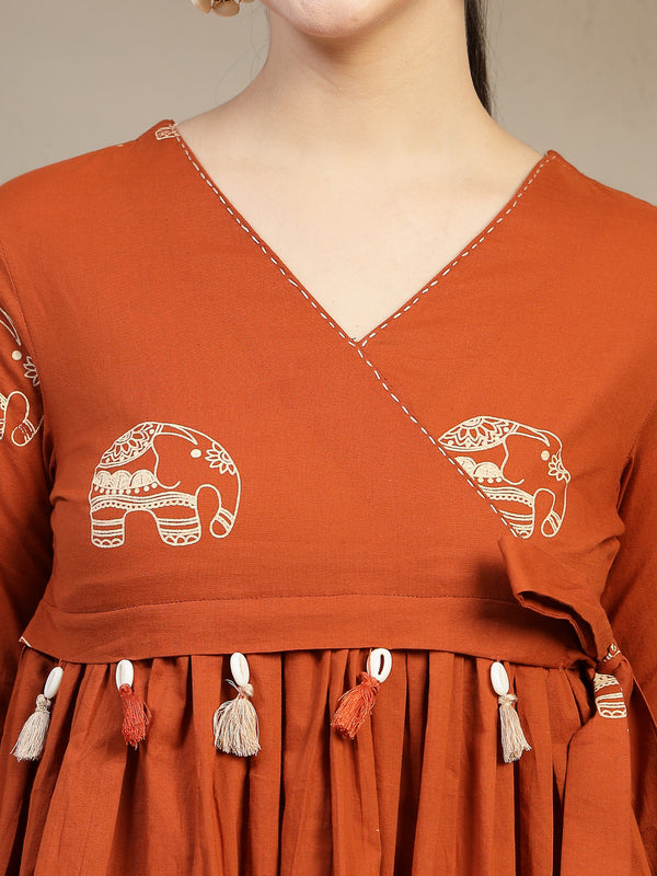 Gulmohar Jaipur Rayon Hip Length Printed 3/4 Sleeves V-Neck Flared Top