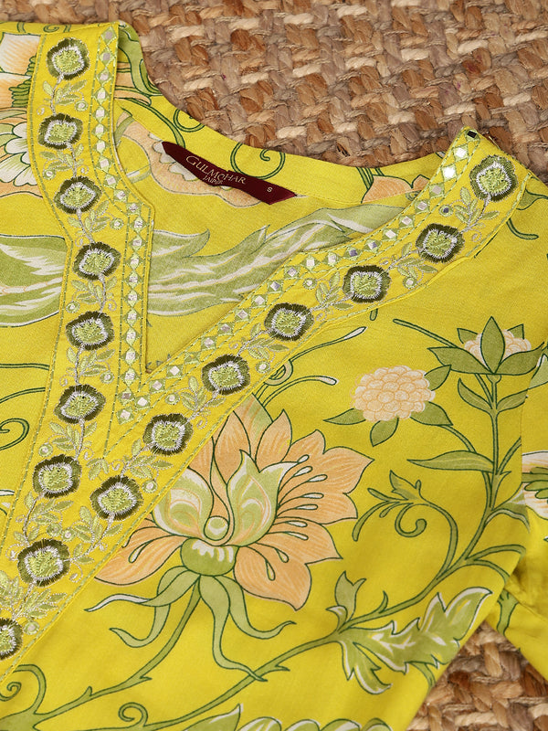 Lime Rayon Calf Length Printed V-Neck Straight Kurta