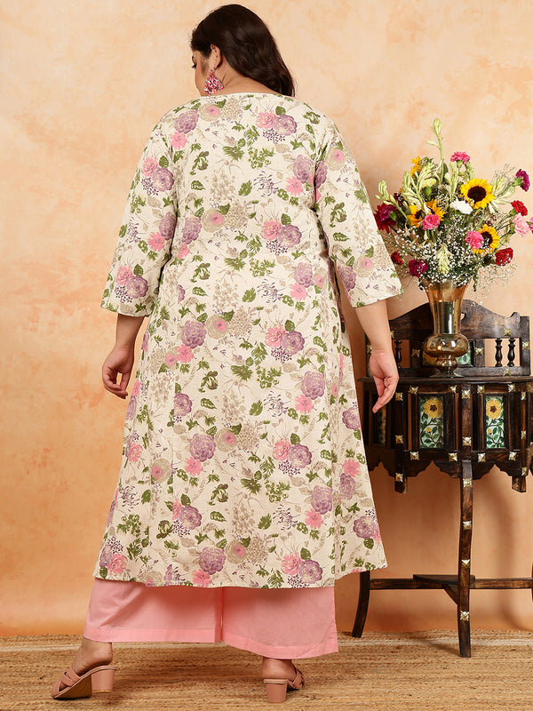 Cotton Flex  Calf Length Printed A-Line 3/4 Sleeves Round Kurta (Plus+)