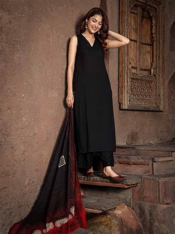 Gulmohar Jaipur Rayon Calf Length Solid Sleeveless V-Neck Straight Kurta Suit Set