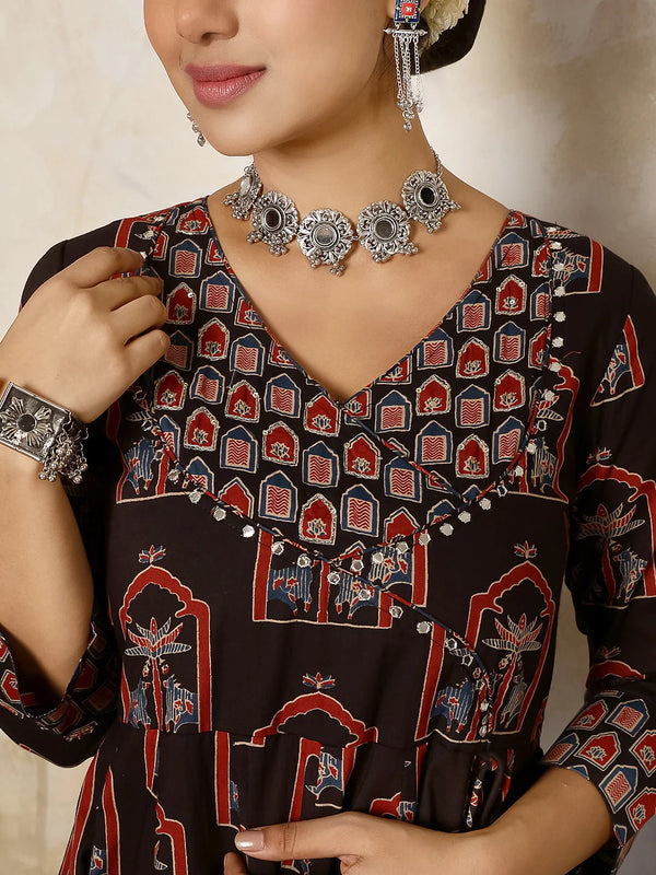 Cotton Calf Length Printed V-Neck Anarkali Kurta Suit Set