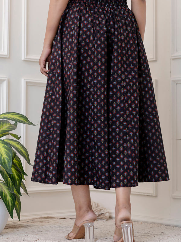 Blue Cotton Calf Length Printed Flared Palazzo