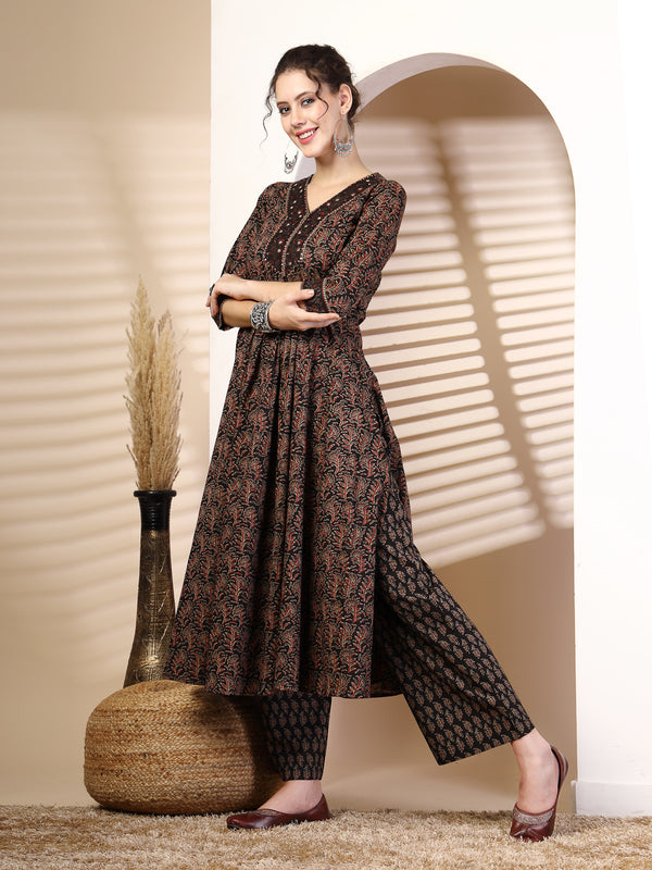 Black Cotton Calf Length Printed V-Neck Anarkali Kurta Suit Set