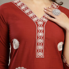 Cotton Calf Length Solid 3/4 Sleeve V-Neck Straight Kurta Suit Set