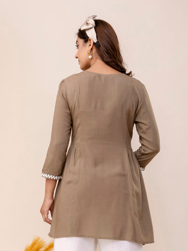 Grey Rayon Hip Length Solid Round Neck Solid Embroidered Straight Top