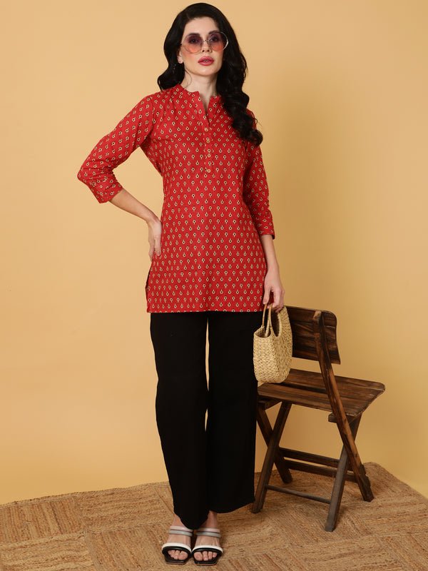 Cotton  Midi Length Printed Straight 3/4 Sleeves Mandarin Top