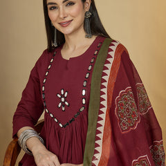 Gulmohar Jaipur Cotton Calf Length Solid 3/4 Sleeves Round Neck Flared Kurta Suit Set