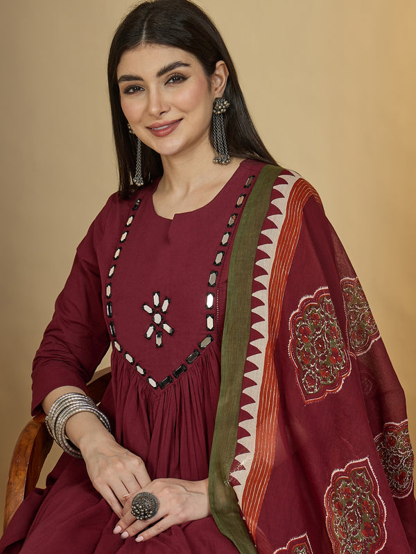 Gulmohar Jaipur Cotton Calf Length Solid 3/4 Sleeves Round Neck Flared Kurta Suit Set