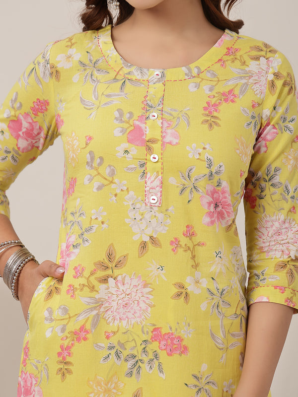 Cotton Calf Length Printed 3/4 Sleeve Round Neck Straight Kurta