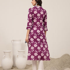 Gulmohar Jaipur Cotton Calf Length Printed 3/4 Sleeves V-Neck Anarkali Kurta Suit Set