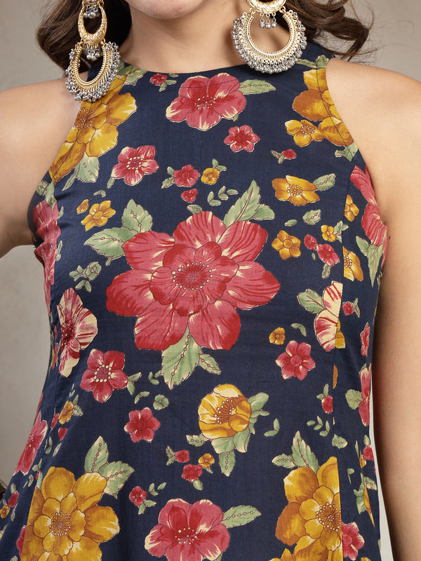 Cotton Calf Length Printed Sleeveless Round Neck Flared Kurta Suit Set