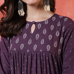 Cotton Calf Length Printed 3/4 Sleeves Key Hole Neck Flared Kurta
