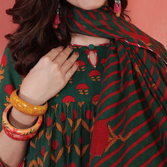 Cotton Calf Length Printed 3/4 Sleeves Key Hole Neck Anarkali Kurta Suit Set