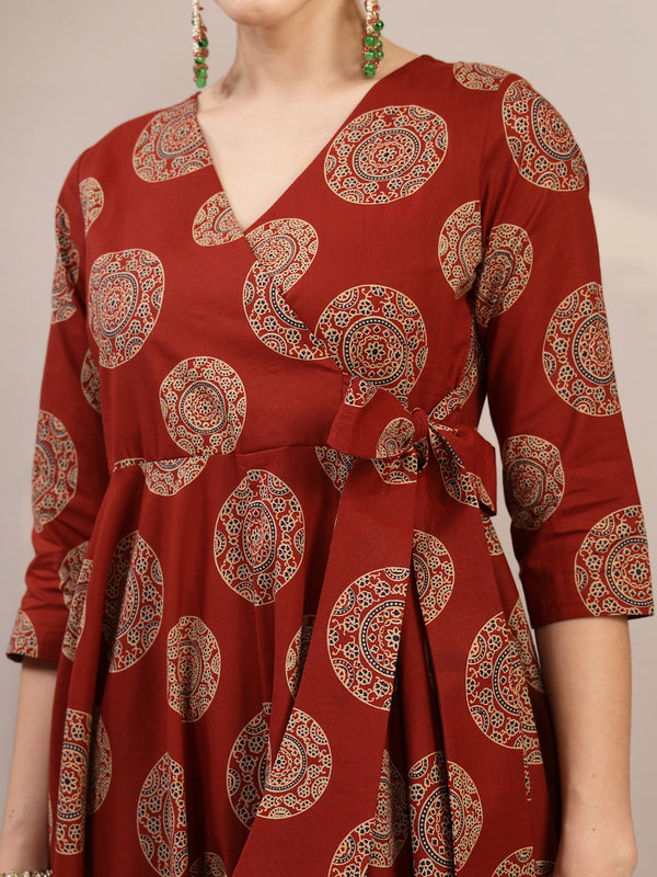 Gulmohar Jaipur Cotton Calf Length Printed 3/4 Sleeve V-Neck Anarkali Kurta Suit Set