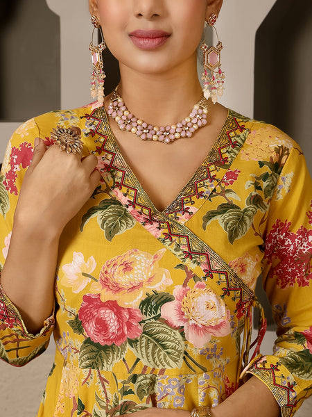 Mustard Cotton Calf Length Printed V-Neck Anarkali Kurta Suit Set