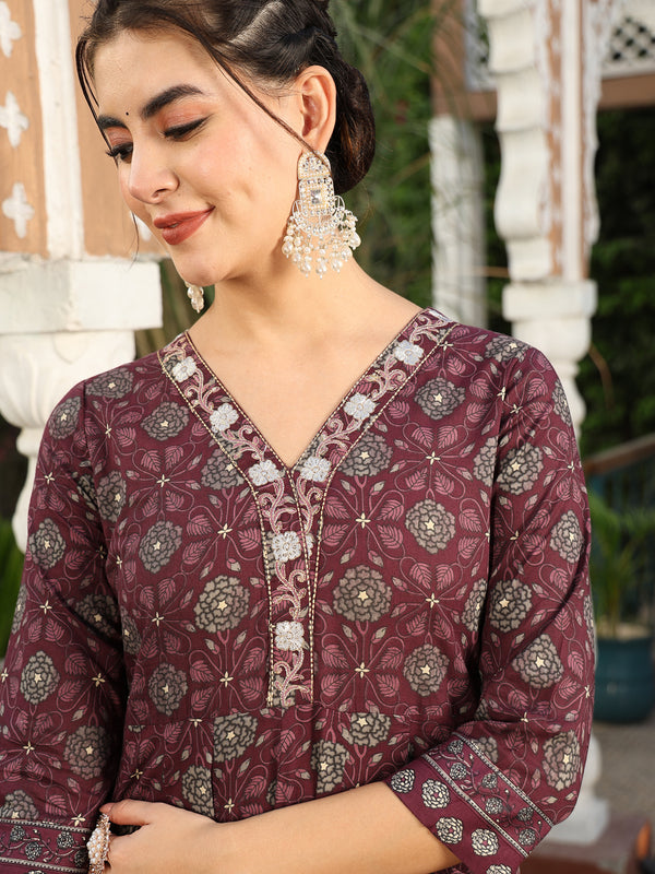 Wine Cotton Calf Length Printed Anarkali V-Neck Kurta Suit Set