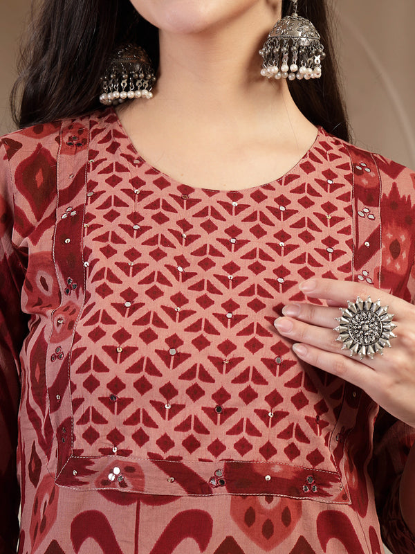 Gulmohar Jaipur Cotton Calf Length Printed 3/4 Sleeves Round Neck Straight Kurta Suit Set