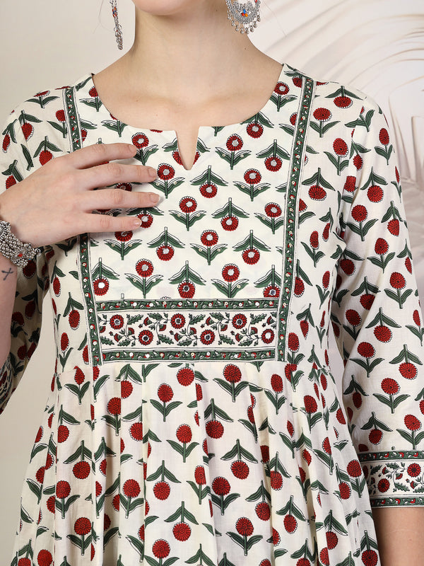 Red Cotton Calf Length Printed Round Neck Anarkali Kurta Suit Set