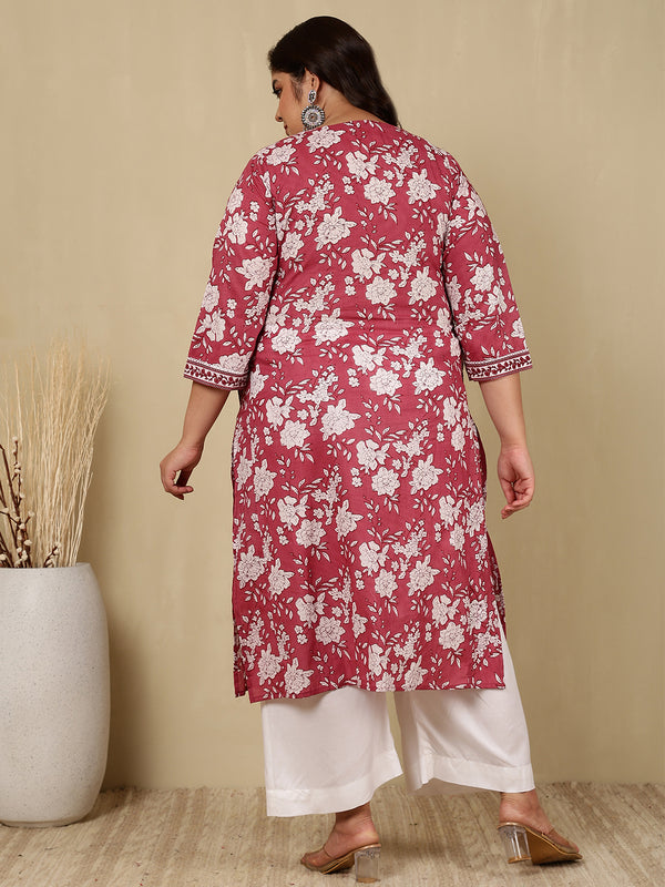 Cotton  Calf Length Printed Straight 3/4 Sleeves V-Neck Kurta