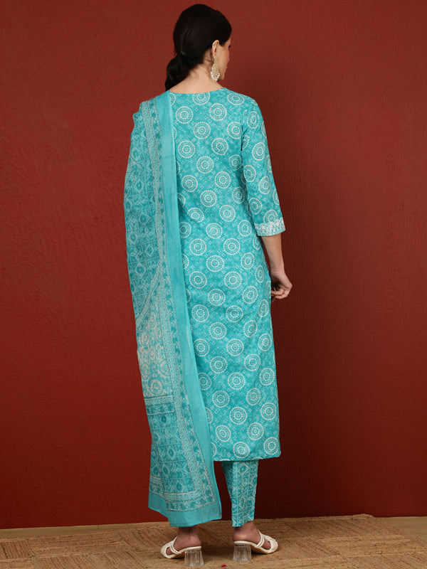 Cotton Calf Length Printed Straight 3/4 Sleeves V-Neck Kurta Bottom Dupatta Set