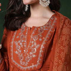 Cotton Calf Length Printed 3/4 Sleeves Round Neck Semi-Flared Kurta Suit Set