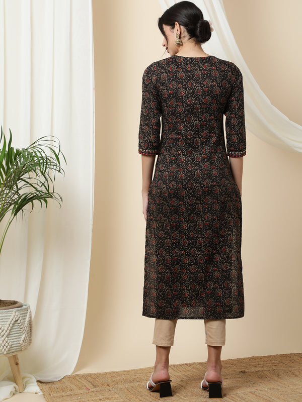 Cotton Calf Length Printed Straight 3/4 Sleeves Round Kurta