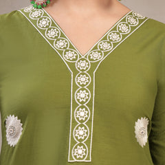 Cotton Calf Length Solid 3/4 Sleeve V-Neck Straight Kurta Suit Set