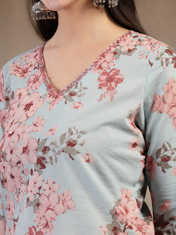 Gulmohar Jaipur Cotton Calf Length Printed 3/4 Sleeves V-Neck Straight Kurta Suit Set