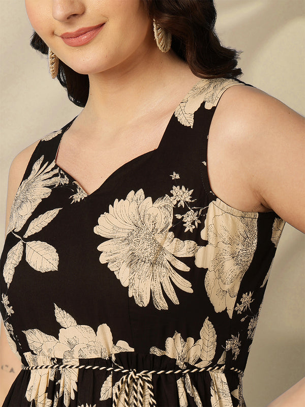 Cotton Calf Length Printed Flared Sleeveless Sweetheart Neck Dress