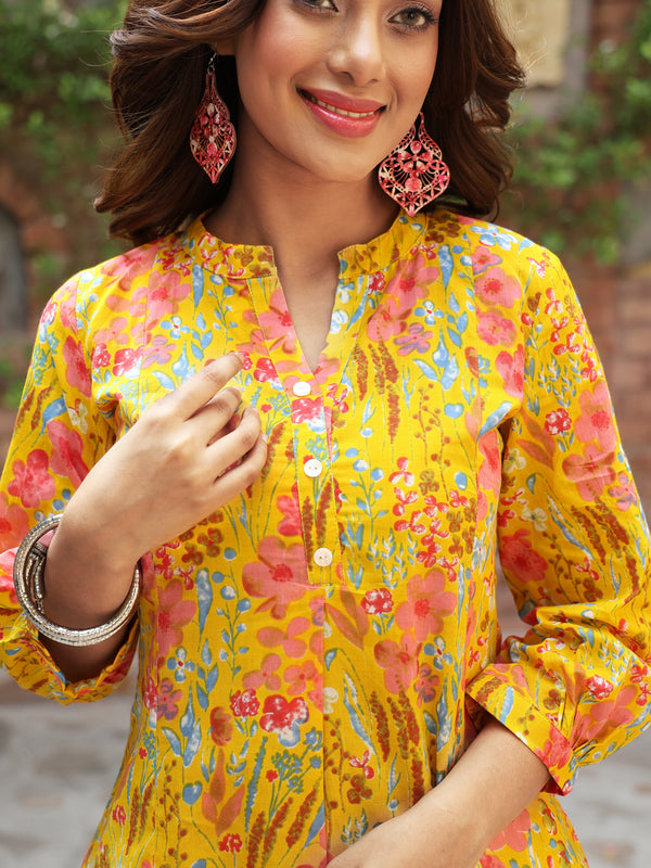 Yellow Cotton Hip Length Printed Straight Mandarin Neck Top Bottom Set