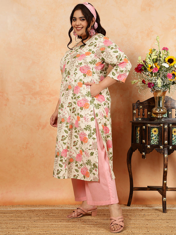 Cotton Flex  Calf Length Printed A-Line 3/4 Sleeves Round Kurta (Plus+)