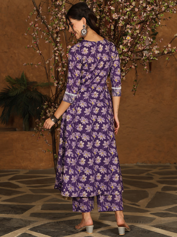 Purple Rayon Calf Length Printed V-Neck Semi-Flared Kurta Bottom Set