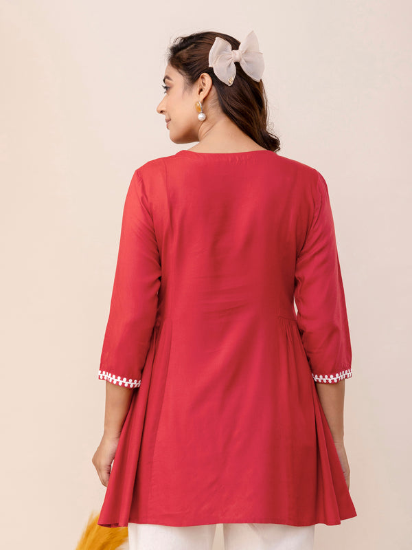 Coral Rayon Hip Length Solid Round Neck Solid Embroidered Straight Top