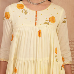 Gulmohar Jaipur Malmal Calf Length Printed 3/4 Sleeves Round Neck Anarkali Kurta Suit Set