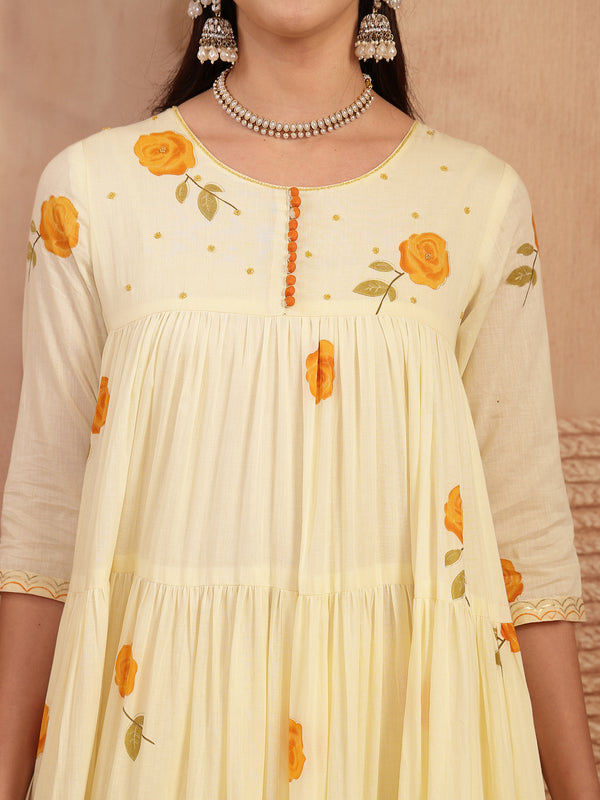 Gulmohar Jaipur Malmal Calf Length Printed 3/4 Sleeves Round Neck Anarkali Kurta Suit Set
