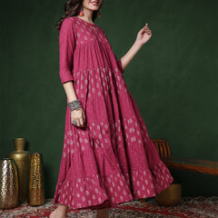 Cotton Calf Length Printed 3/4 Sleeves Key Hole Neck Flared Kurta