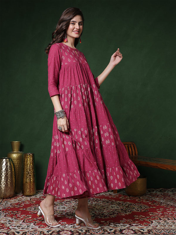 Cotton Calf Length Printed 3/4 Sleeves Key Hole Neck Flared Kurta