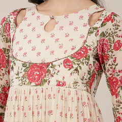 Malmal Calf Length Printed Full Sleeve Key Hole Neck Flared Kurta Suit Set