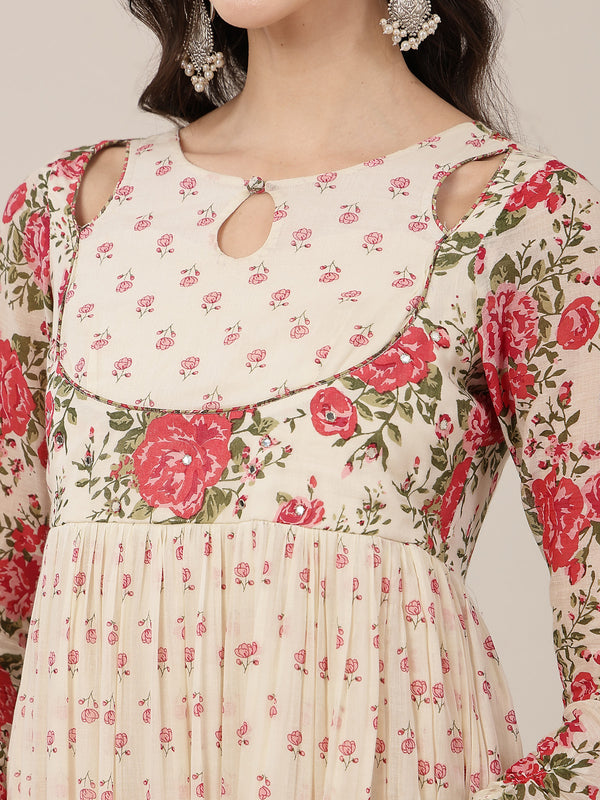 Malmal Calf Length Printed Full Sleeve Key Hole Neck Flared Kurta Suit Set