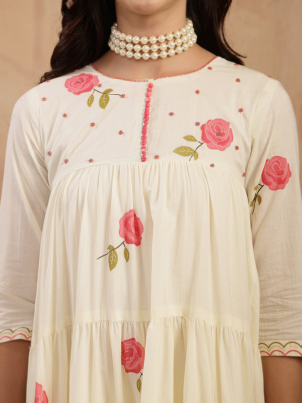 Gulmohar Jaipur Malmal Calf Length Printed 3/4 Sleeves Round Neck Anarkali Kurta Suit Set