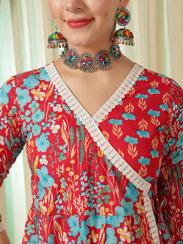 Blue Cotton Calf Length Printed Anarkali V-Neck Kurta Suit Set