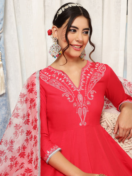 Coral Rayon Calf Length Solid V-Neck Anarkali Kurta Suit Set