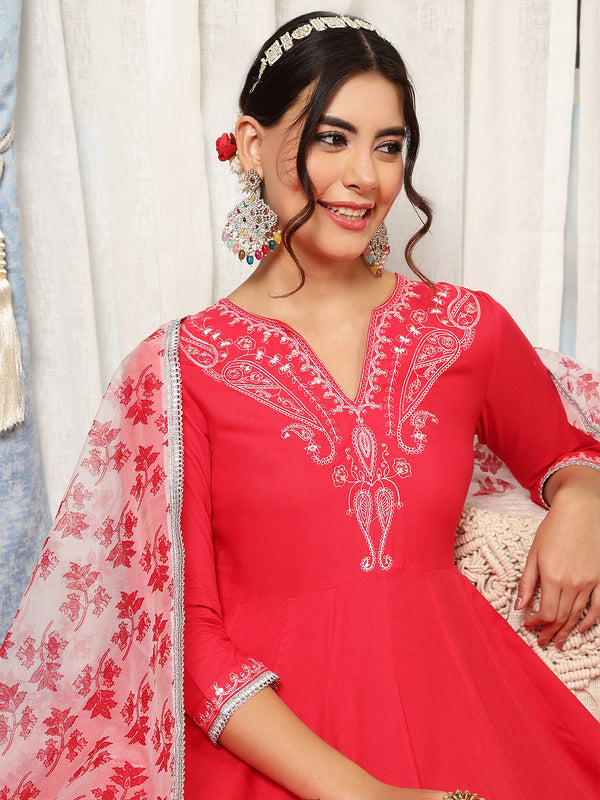 Coral Rayon Calf Length Solid V-Neck Anarkali Kurta Suit Set