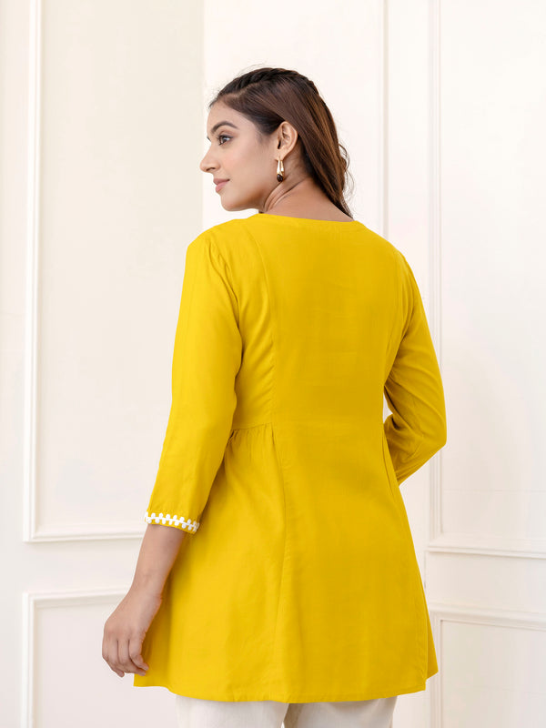 Yellow Rayon Hip Length Solid Round Neck Solid Embroidered Straight Top