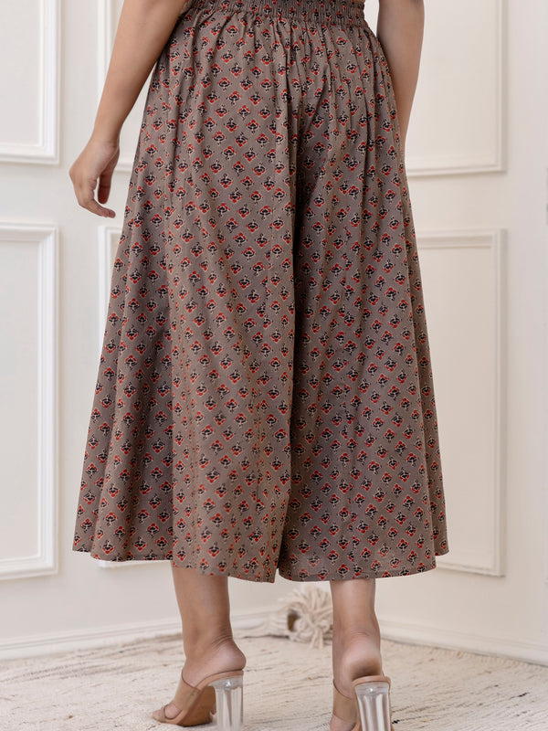 Grey Cotton Calf Length Printed Flared Palazzo